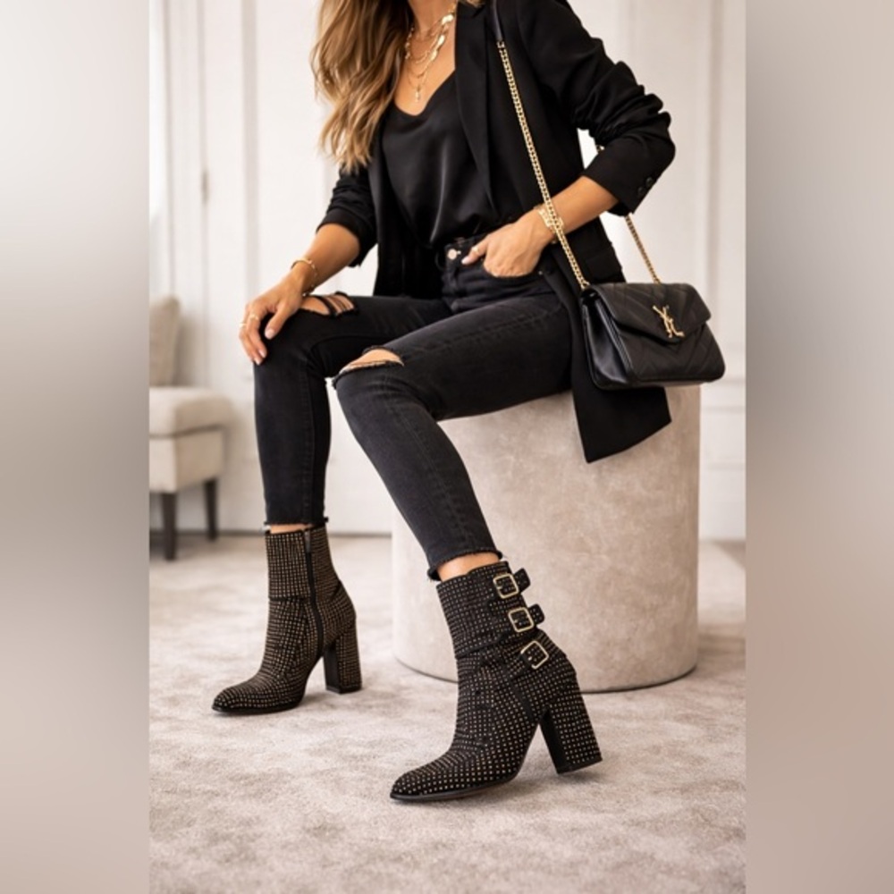 Laurence Dacade Marli Studded Suede Ankle Boots Black Gold Buckle Block Heel 8.5